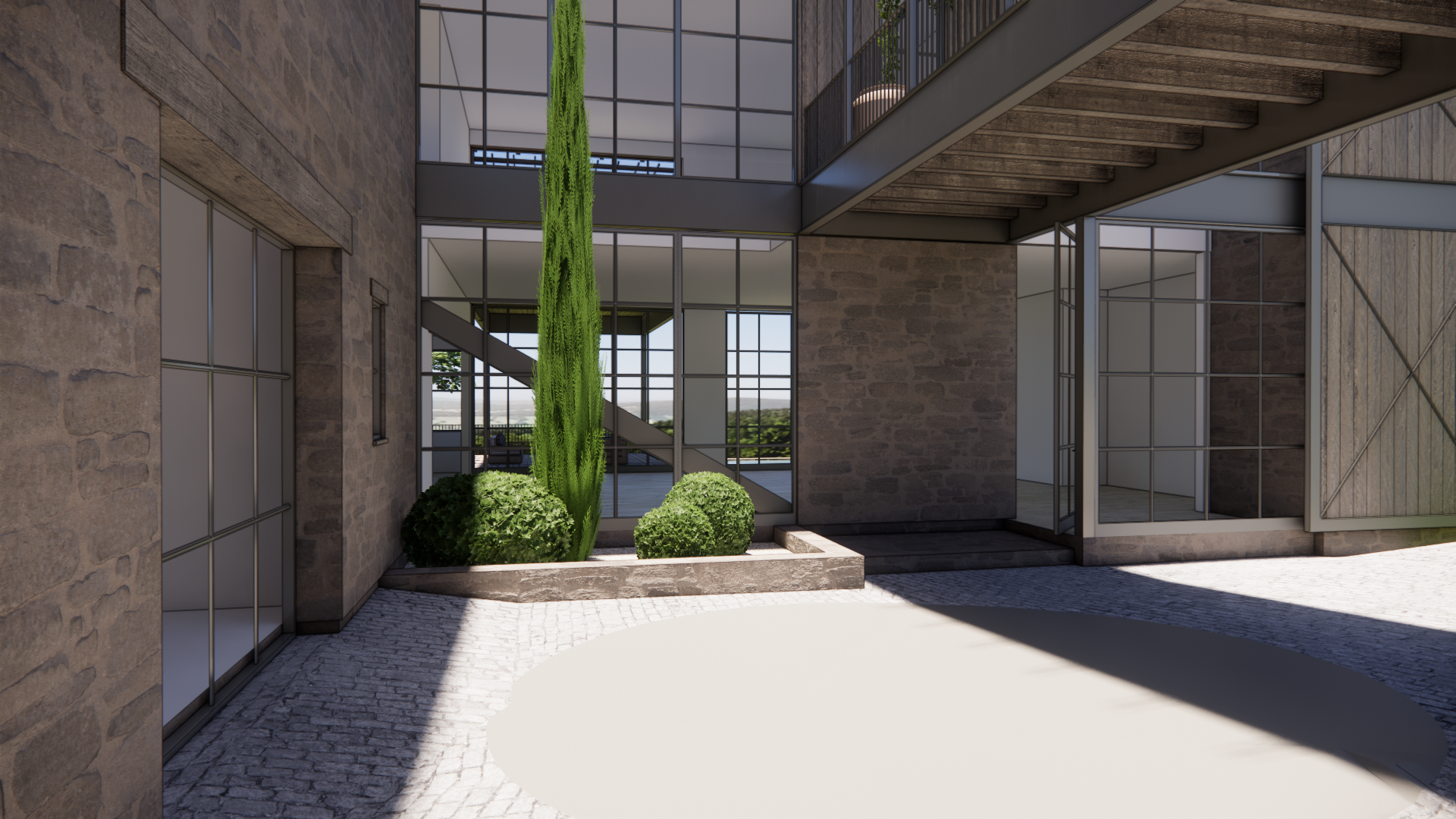 Exterior courtyard architectural visualization of Westlake Modern in West Lake Hills
