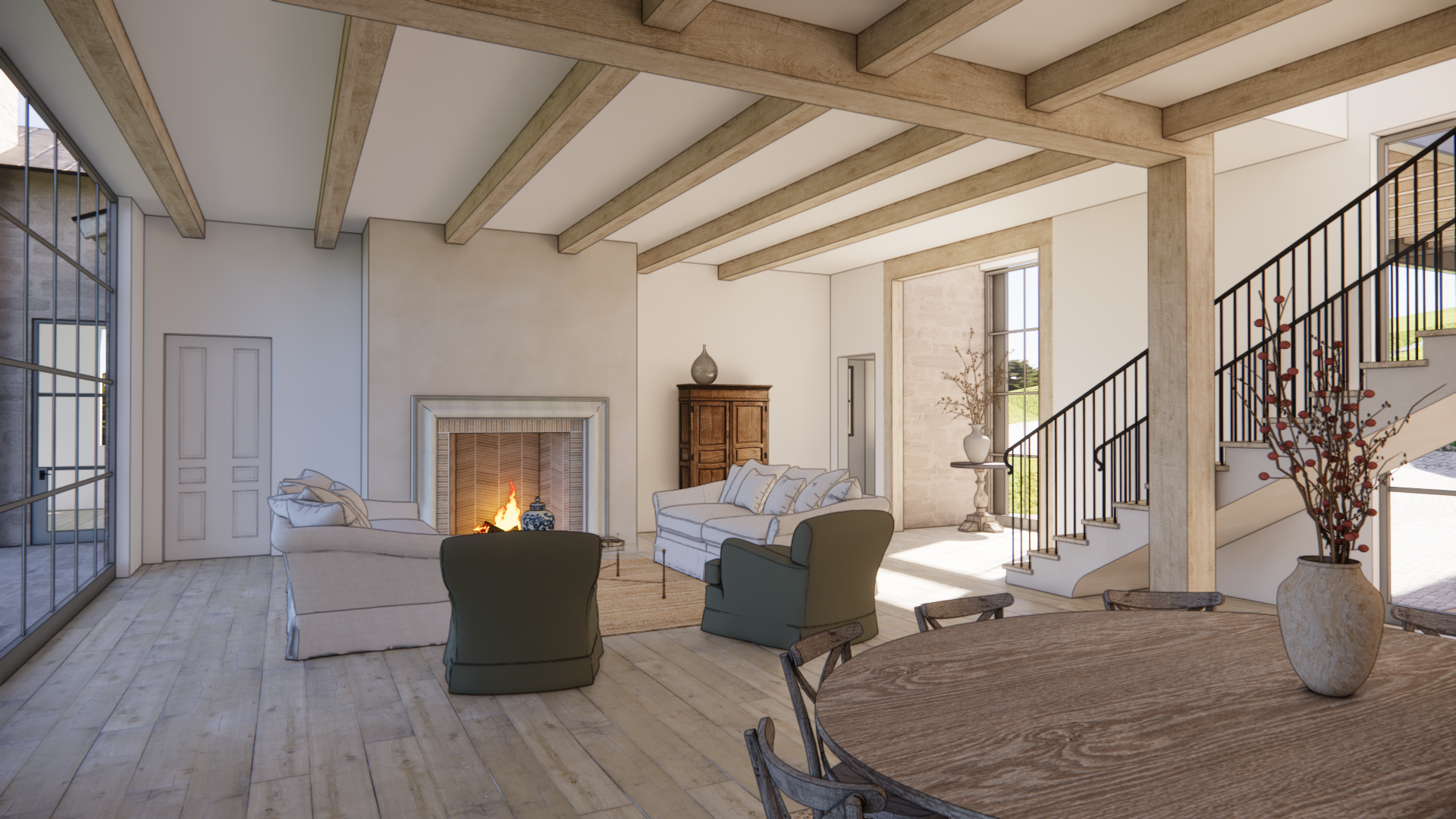 Living room facing the fireplace and stair