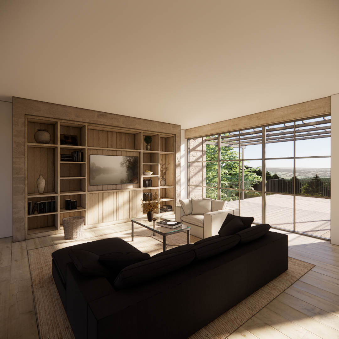 Media wall with integrated white oak shelving