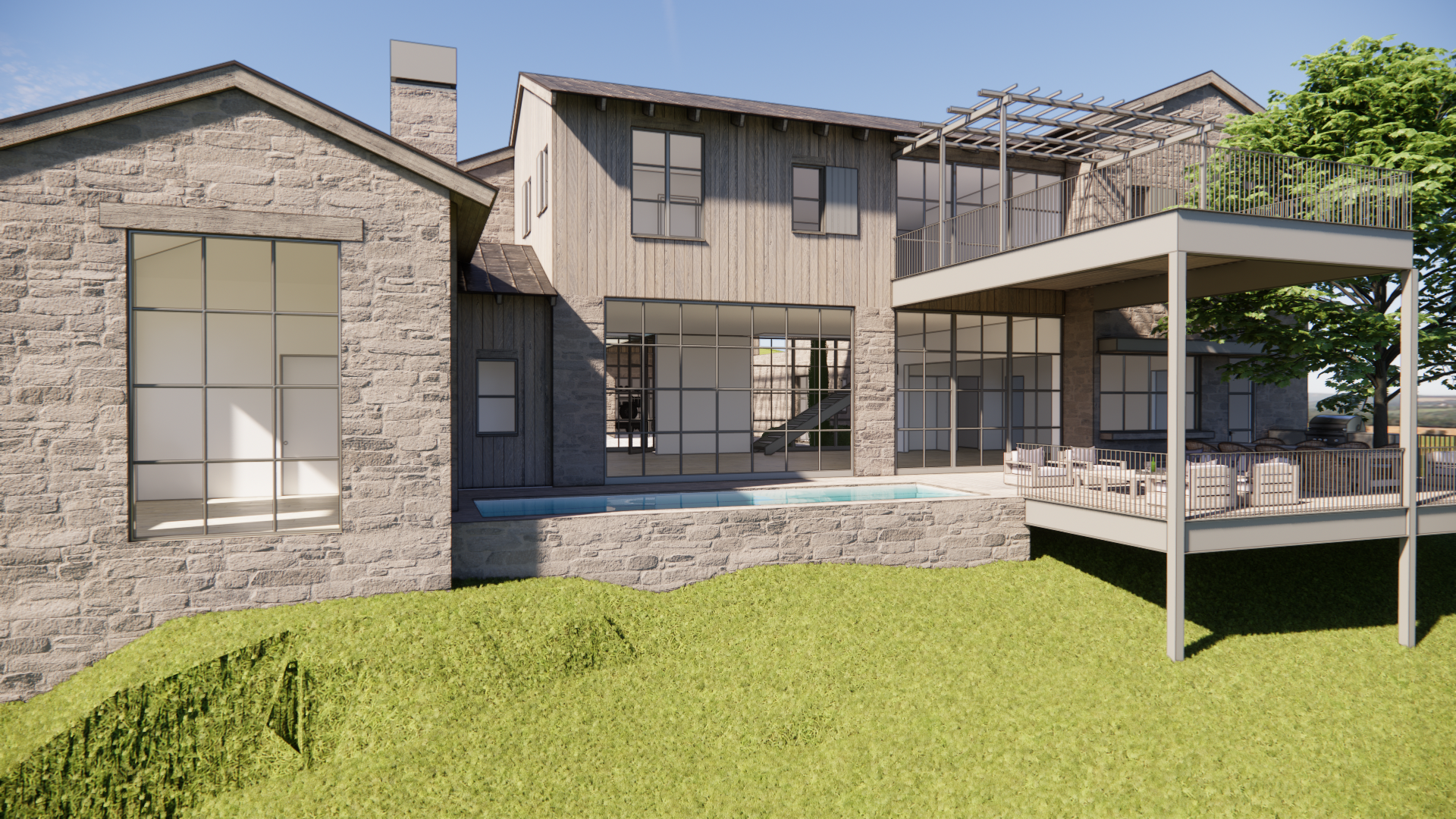 Rear exterior connecting principal rooms to the landscape
